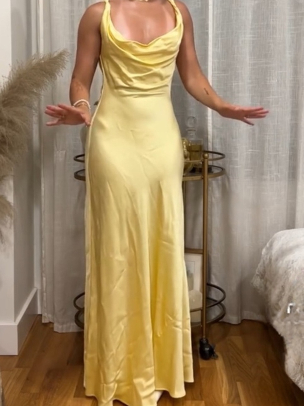 Zara Satin Yellow Cowl Neck Maxi Dress